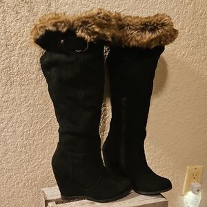 Qupid Black Over the Knee Boots with Faux Fur Trim